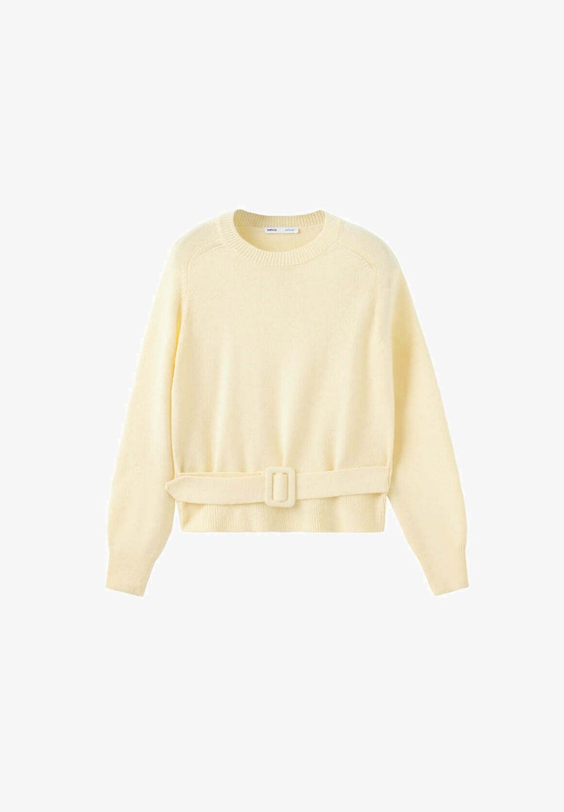 Pull en tricot couleur crème à manches longues avec un col rond et une ceinture assortie avec une boucle rectangulaire à la taille.