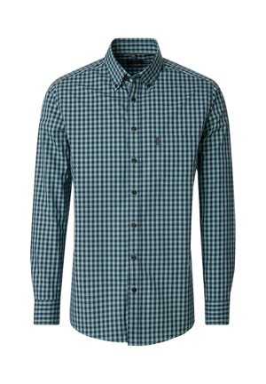 Long-sleeve button-up shirt with green and navy blue checkered pattern and a single chest pocket on a white background.