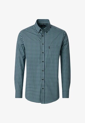 Long-sleeve button-up shirt with green and navy blue checkered pattern and a single chest pocket on a white background.