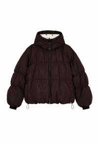 Hnedá prešívaná bunda s vysokým golierom, predným zipsom a cvokmi. Má prešívanú textúru a elastické manžety pre tesný strih.