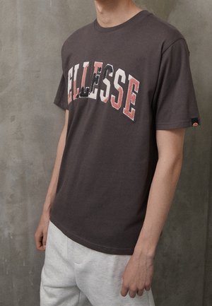 Brązowa bawełniana koszulka z krótkim rękawem z dużym, wielokolorowym logo "ELLESSE" z przodu. Okrągły dekolt.