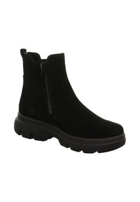 Schwarze Wildleder-Stiefelette mit seitlichem Reißverschluss, robuster schwarzer Gummisohle, runder Zehenform und glatter Textur. Keine sichtbaren Muster oder Akzente.