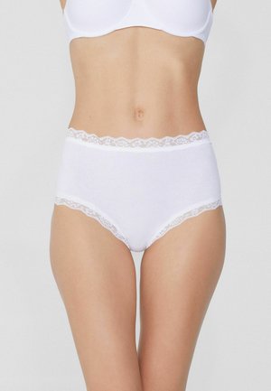 Weiße Baumwoll-Hipster-Unterwäsche mit einer wellenförmigen Spitzeneinfassung, glatter Textur und mittlerer Leibhöhe, geeignet für den täglichen Gebrauch.