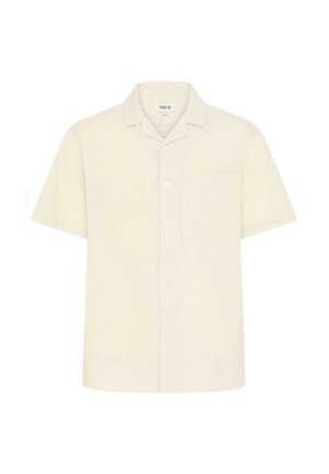 Camicia a maniche corte, con bottoni, in lino color crema chiaro, caratterizzata da una tasca sul petto e da un design con colletto classico. Texture liscia e costruzione semplice.