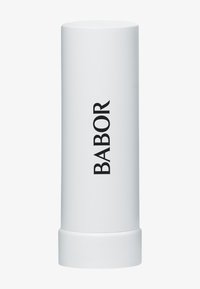 Weißer zylindrischer Behälter mit matter Oberfläche, versehen mit schwarzem Text, der "BABOR" liest. Glatte Textur, keine sichtbaren Muster oder Akzente.