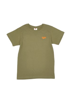 T-shirt manches courtes vert olive avec petit logo orange "Redskins" sur la poitrine gauche sur fond blanc.