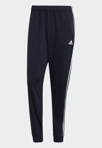 Schwarze Sporthose mit elastischem Bund, weißen Seitenstreifen und einem Logo auf der Vorderseite, aus einem glatten, dehnbaren Stoff gefertigt.
