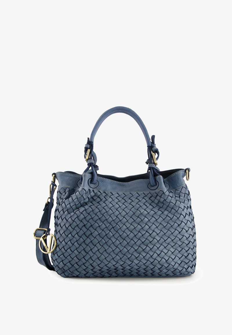 Gewebte Lederhandtasche in dunkelblau, mit doppelten oberen Griffen, abnehmbarem Schultergurt, goldfarbenen Beschlägen und strukturiertem Oberflächenmaterial.