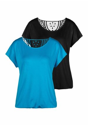 Two short-sleeve tops, one turquoise and one black, with a patterned lace inset at the neckline. Soft fabric and relaxed fit.