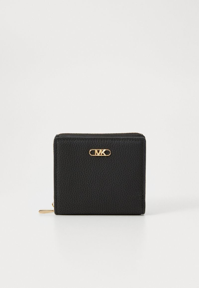 Black textured leather wallet with a gold-tone logo accent, zip closure, and rectangular shape. Features a soft, pebble-like finish.