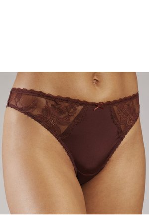 Bordeaux kant en stoffen slip met bloemenkantpanelen aan de zijkanten, voorzien van golvende randen en een klein detail van een rode satijnen strik.