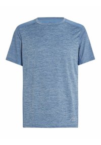 Polo tričko s krátkym rukávom v svetlomodrom melange materiáli. Má okrúhly výstrih a kontrastný jednofarebný panel na ramenách. Discretné logo na leme.