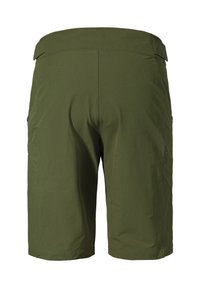 Olivgrüne Shorts mit glattem, leichtem Material, ausgestattet mit einem flachen Bund und Seitentaschen. Gerade geschnitten mit knielangem Design.