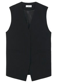 Schwarze ärmellose Weste mit spitzem Revers, zwei frontalen Taschen und einem glatten Innenfutter; hergestellt aus einem strukturierten Stoff.