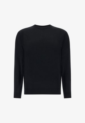 Suéter negro de punto con cuello redondo, mangas largas y puños y dobladillo de canalé. Textura suave, sin patrones ni acentos visibles.