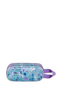 Trousse à crayons zippée avec un motif floral bleu et vert comportant des illustrations de bonhommes de neige. Sangle violette attachée, finition brillante.