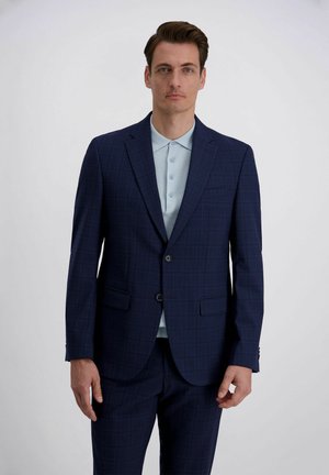 Mann mit kurzem braunem Haar, der einen dunkelblauen karierten Anzug und ein hellblaues, geknöpftes Hemd trägt, vor einem schlichten weißen Hintergrund steht.