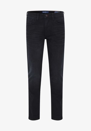 Fekete farmernadrág egyenes szabással, öt zsebbel, enyhe kopásnyomokkal és fém gombbal a deréknál.