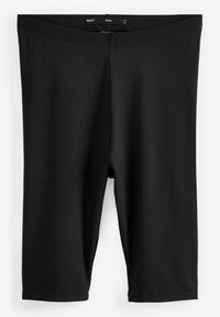 Shorts noirs arrivant au genou, en tissu extensible. Présentent une texture lisse, une taille élastique et des détails de couture minimaux.