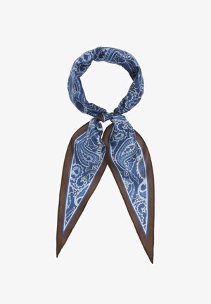 Blauer Schal mit Paisley-Muster und braunem Rand, locker zu einem Knoten gebunden mit zwei spitzen Enden, die nach unten hängen.