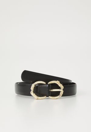 Black leather belt with a double gold-tone buckle featuring a twisted design. Smooth texture, rounded ends, and multiple adjustment holes.