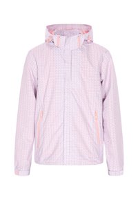 Giacca rosa chiaro con motivo ripetuto, due tasche laterali con zip, cappuccio regolabile con dettagli rosa e polsini elasticizzati.
