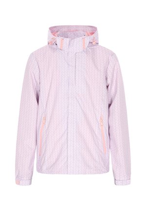 Lyserød jakke med et gentaget mønster, to lynlåslommer på siderne, justerbar hætte med pink detaljer og elastiske manchetter.