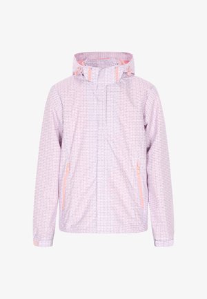 Jasnoróżowa kurtka z powtarzającym się wzorem, dwoma kieszeniami na zamek błyskawiczny z boku, regulowaną kapturem z różowymi akcentami i elastycznymi mankietami.