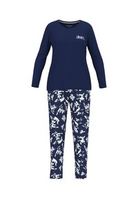 Navy Bluse mit langen Ärmeln und dem Text "dream"; florale Hosen in Marineblau und Weiß. Weicher Stoff, lockerer Schnitt, runder Ausschnitt, elastischer Bund.