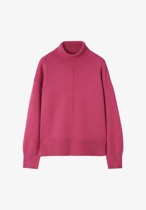 Maglione lavorato a maglia rosa con collo alto a coste, spalle basse e polsini a coste. Presenta un design pulito e senza cuciture e una texture morbida.