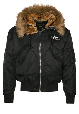 Black bomber jacket with a removable brown faux fur hood, zip closure, elastic cuffs, and multiple front pockets. Features an embossed logo detail.