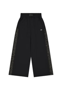 Zwarte sportbroek met een elastische tailleband. Heeft zijaccenten met "Champion" in een contrasterend printpatroon op beide benen.