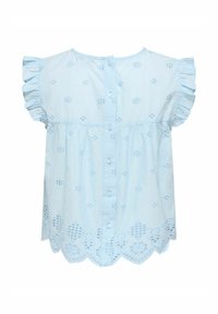 Blouse bleu clair à manches courtes avec manches à volants, boutonnage devant, broderie avec ajourés et détail d'ourlet festonné.