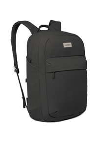 Zaino in tessuto nero con forma arrotondata, tasca anteriore con zip e spallacci regolabili. Logo Osprey su un'etichetta rettangolare.