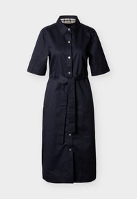 Φόρεμα από βαμβάκι σε ναυτικό μπλε χρώμα με γιακά, κοντά μανίκια, κουμπιά μπροστά και ζώνη στη μέση, με καρό μοτίβο στο εσωτερικό του γιακά.