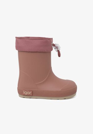Botte de pluie en caoutchouc rose avec une semelle beige texturée, dotée d'un col en tissu doux et d'une fermeture à cordon. Étiquette de la marque visible sur le côté.