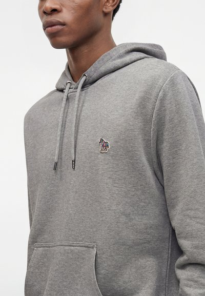 Personne portant un sweat à capuche gris uni avec un petit logo zèbre coloré sur la poitrine et des cordons à la capuche sur fond blanc.