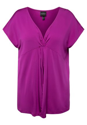 Blusa viola a maniche corte con scollatura a V e dettaglio a nodo torcigliato al centro davanti.