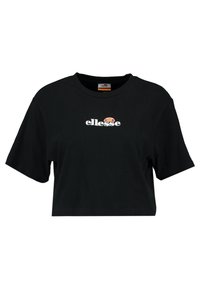 Svart kortärmad t-shirt i bomull. Har en vit "ellesse"-logotyp centrerad på bröstet med en färgglad accent.