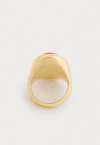 Kuldne sõrmus sileda, ümarate äärtega ja punase kalliskiviga peal. Disain on poleeritud, säilitades läikiva pinda ja ilma nähtavate kaunistusteta.