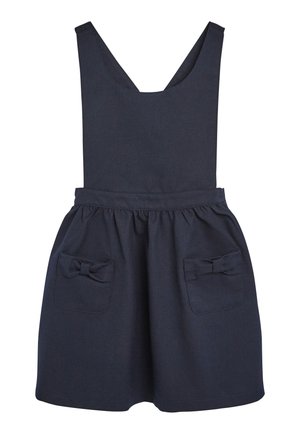 Navy blue overall dress with a sleeveless design, V-shaped neckline, gathered waist, and two front pockets featuring bow accents.