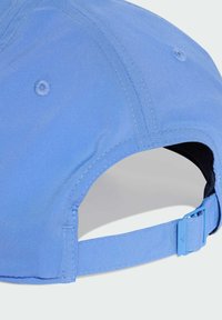 Blue cap with a smooth fabric, curved brim, adjustable back strap, and reinforced stitching. Features a small ventilation hole near the top.