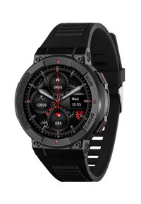 Smartwatch GPS con cassa rotonda in metallo nero, cinturino in silicone nero testurizzato, dettagli rossi e display digitale con più quadranti.