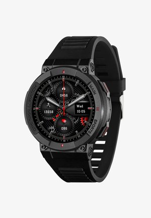 GPS-Smartwatch mit rundem schwarzem Metallgehäuse, schwarzem strukturiertem Silikonarmband, roten Akzenten und einem digitalen Display mit mehreren Zifferblättern.