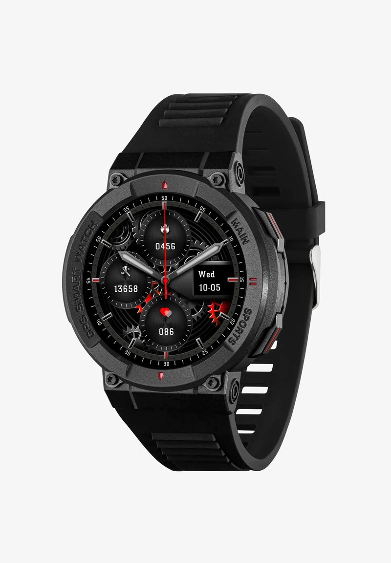 Smartwatch GPS con cassa rotonda in metallo nero, cinturino in silicone nero testurizzato, dettagli rossi e display digitale con più quadranti.