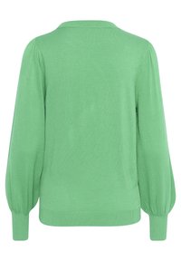 Pull en tricot vert à manches longues avec ourlet et poignets côtelés, présentant des manches légèrement bouffantes, vu de dos sur un fond blanc.