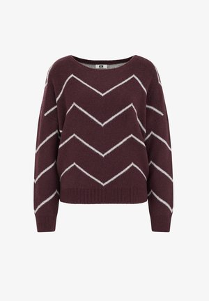 Burgundy knit sweater with white chevron pattern, wide neckline, long sleeves, and ribbed hem. Soft texture, relaxed fit.