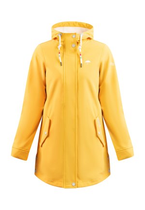 Impermeabile giallo con cappuccio, chiusure frontali a scatto, tasche laterali e cordini regolabili, con un piccolo logo a forma di ombrello.