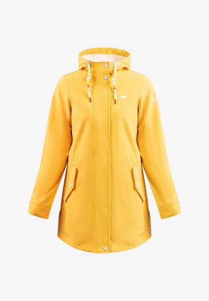 Impermeabile giallo con cappuccio, chiusure frontali a scatto, tasche laterali e cordini regolabili, con un piccolo logo a forma di ombrello.