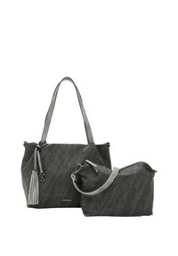 Graue Stofftragetasche mit glatter Textur, ausgestattet mit langen Griffen und einem Quastenakzent, begleitet von einer kleineren Reißverschlusstasche.